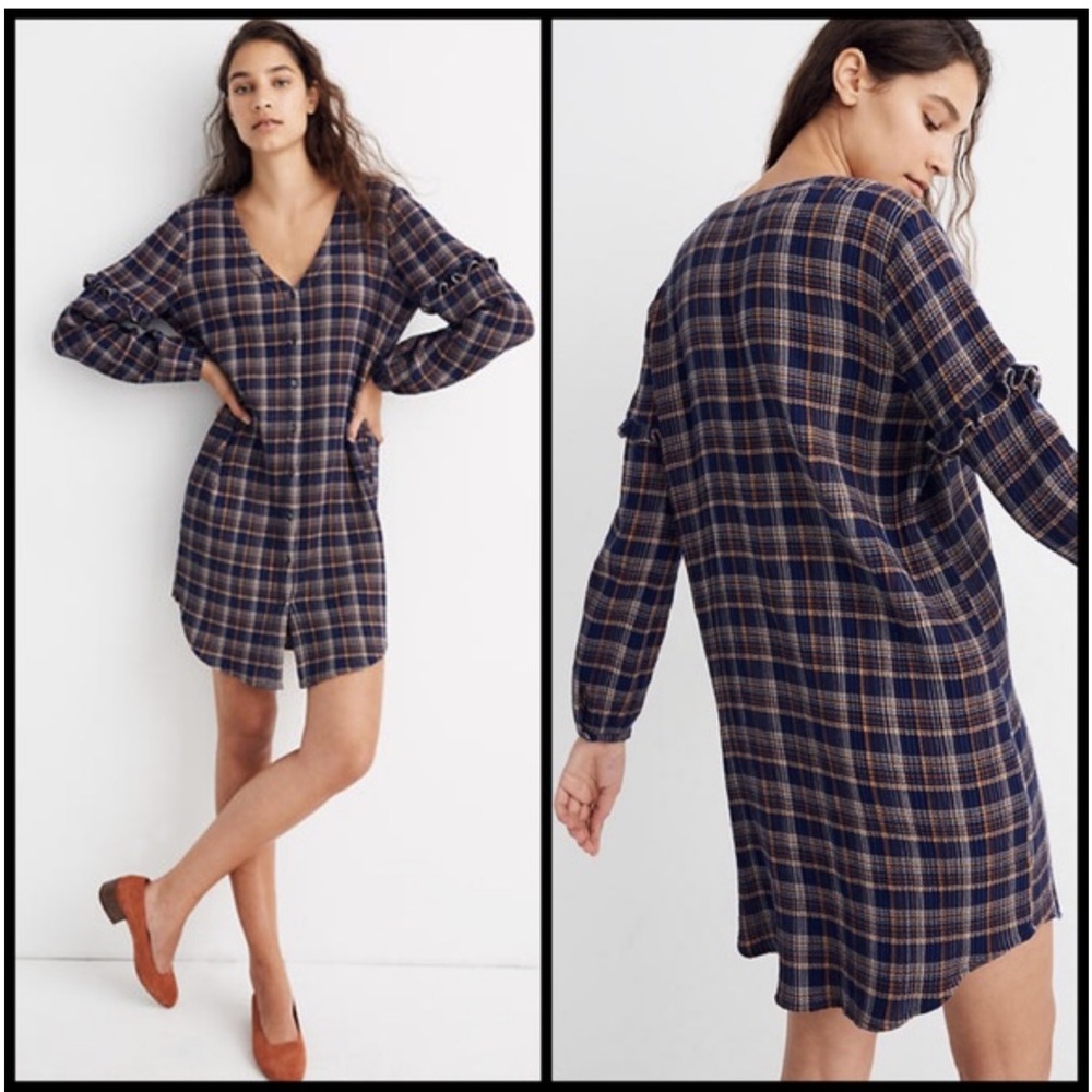 Madewell Plaid Cotton Ruffled Sleeve V-Neck Button Down Shirt Dress size M